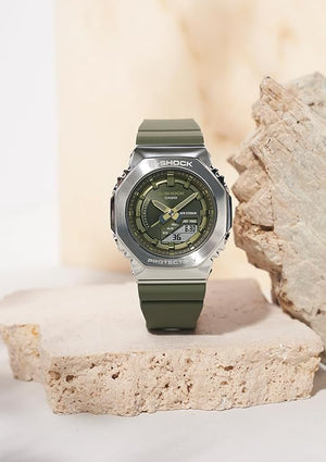 CASIO G-SHOCK METAL COVERED SILVER & KHAKI ANALOG DIGITAL LADIES WATCH GM-S2100-3AJF