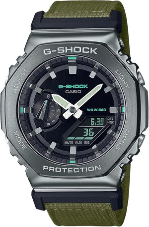 CASIO G-SHOCK WEB-EXCLUSIVE METAL COVERED OLIVE GREEN FABRIC STRAP MEN WATCH GM-2100CB-3AJF