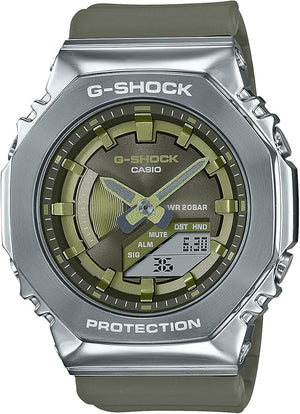 CASIO G-SHOCK METAL COVERED SILVER & KHAKI ANALOG DIGITAL LADIES WATCH GM-S2100-3AJF