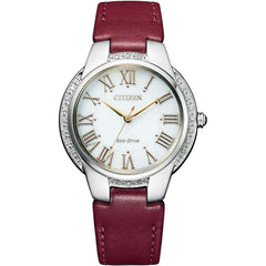 CITIZEN ECO-DRIVE SOLAR RED LEATHER STRAP DIAMONDS & SILVER LADIES WAT -  ROOK JAPAN