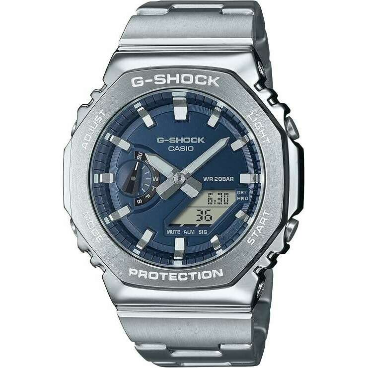 ROOK JAPAN:CASIO G-SHOCK DAY-DATE METAL BEZEL SILVER STRAP NAVY BLUE DIAL MEN WATCH GM-2110D-2BJF,JDM Watch,Casio G-Shock