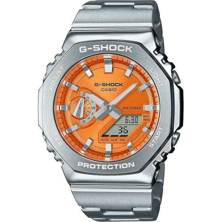 ROOK JAPAN:CASIO G-SHOCK DAY-DATE METAL BEZEL SILVER STRAP ORANGE DIAL MEN WATCH GM-2110D-4AJF,JDM Watch,Casio G-Shock