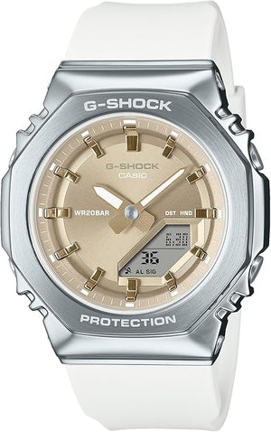 CASIO G-SHOCK METAL COVERED ANALOG DIGITAL WHITE & BEIGE LADIES WATCH GM-S2110-7A9JF