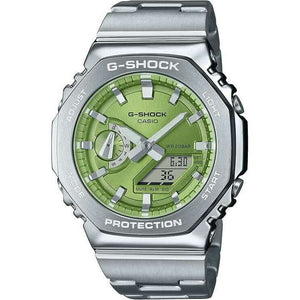 ROOK JAPAN:CASIO G-SHOCK DAY-DATE METAL BEZEL SILVER STRAP LIME GREEN DIAL MEN WATCH GM-2110D-3AJF,JDM Watch,Casio G-Shock