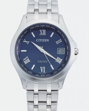 CITIZEN EXCEED DIRECT FLIGHT ECO-DRIVE RADIO CONTROLLED SILVER & BLUE MEN WATCH CB1080-52L