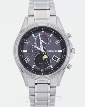 CITIZEN EXCEED MOON PHASE RADIO CONTROLLED SOLAR SILVER STRAP BLACK DIAL MEN WATCH BY1020-61E