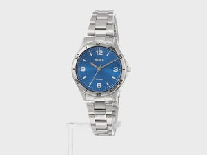 ALBA SPORTS ANALOG DOME INORGANIC GLASS SILVER STRAP BLUE DIAL LADIES WATCH AQQK409